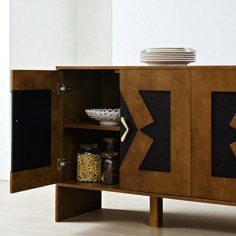 60" Mid Century Sideboard Buffet Cabinet with Geometric Pattern, Adjustable Shelves & Outlet Holes for Entryway
