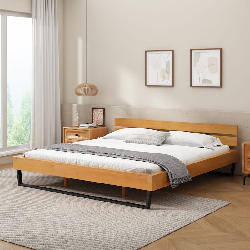 Natural Pine Wood Low-Profile Platform Bed Black Iron Supports Frame Bed with Wood Slat and Center Legs Support, Headboard