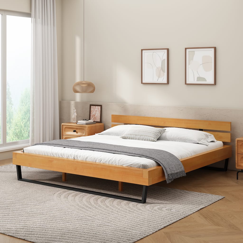 Pine Wood Bed Frame King Size, Natural & Black Color