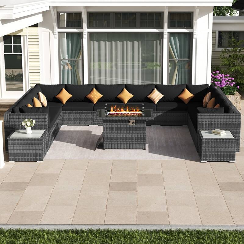 FINCATI 15-Piece Grey Wicker Patio Conversation Set with 43" Fire Pit
