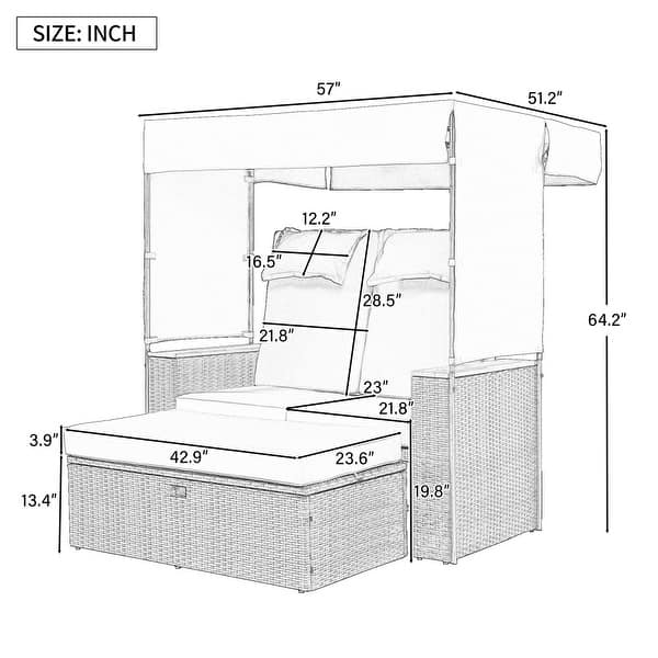 Modern 2-piece Outdoor Rattan Loveseat Daybed with 5 Positions for Poolside