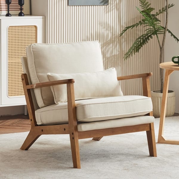 Upholstered Linen Blend Accent Chair with Wooden Legs and One