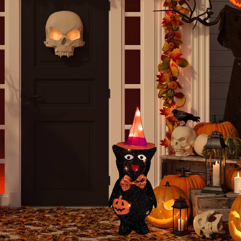 24" Lighted Black Cat in Witch's Hat Halloween Yard Decoration