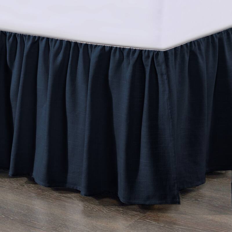 HiEnd Accents Lily Washed Linen Gathered Bed Skirt - Queen - Navy