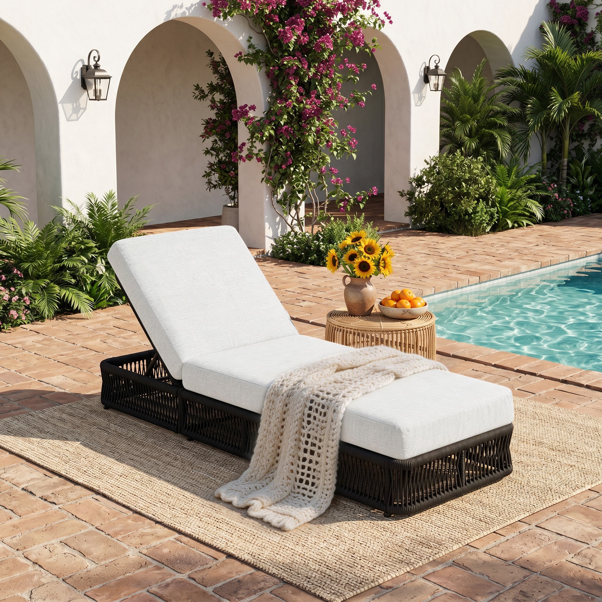 Outdoor Adjustable Reclining Woven Chaise Lounge with Cushions