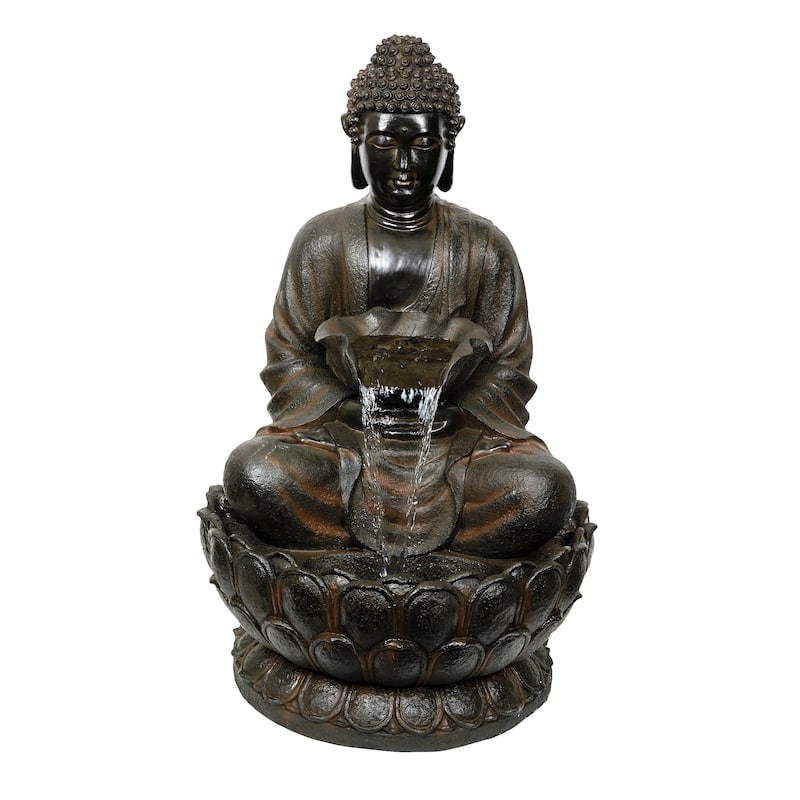 Alpine Corporation WIN1586 Outdoor Floor Peaceful Buddha Fountain with LED Lights, Buddha Garden Water Fountain, 44"H, Brown
