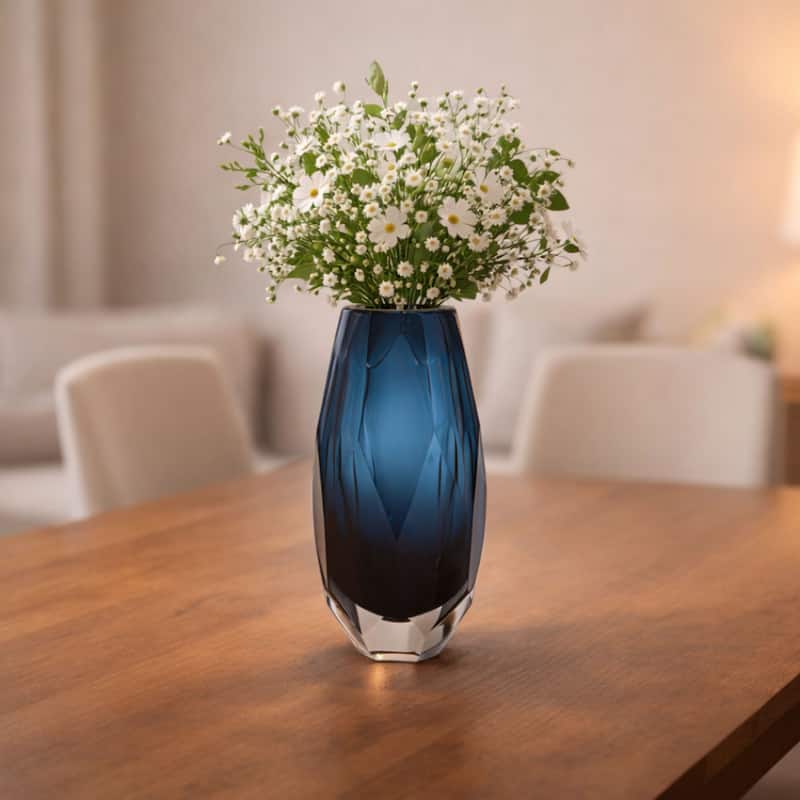 Blue Cut Glass Vase Art Deco Squat Oval Decorative Table Accent