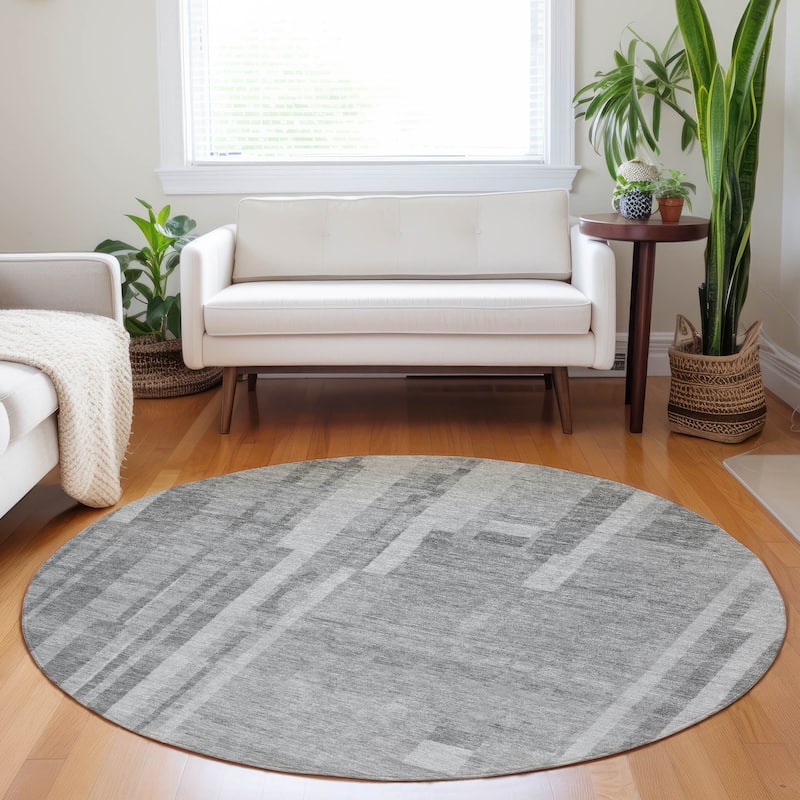 Machine Washable Indoor/ Outdoor Modern Stripes Chantille Rug - Gray - 8' x 8'