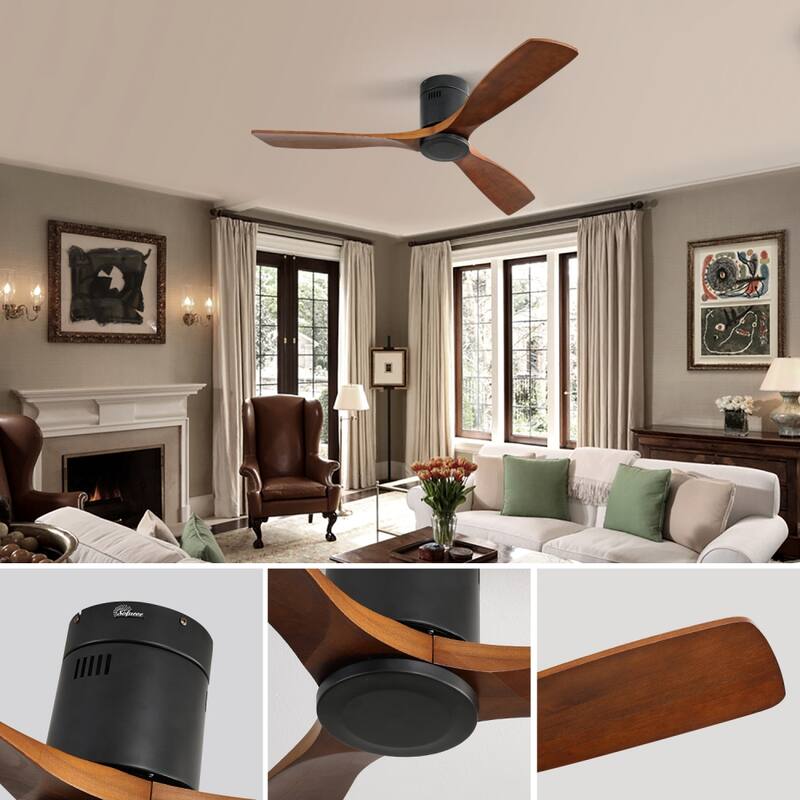 52'' Flush Mount Ceiling Fan with DC 3 Carved Wood Blades and Remote Control, without Light - 52''×52''×10.24''
