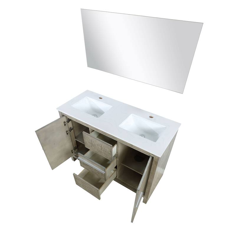 Lafarre 36 in W x 20 in D Rustic Acacia Bath Vanity, White Quartz Top and 28 in Mirror