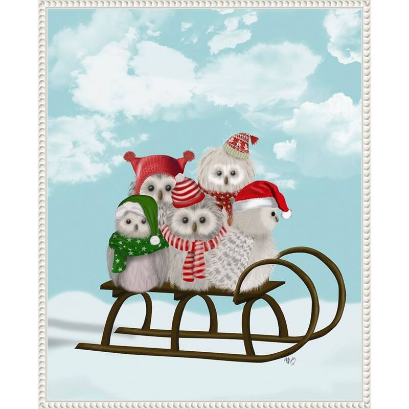 Christmas Christmas Owl Sled by Fab Funky (23 x 28 in.), Framed Canvas Wall Art Print - Sylvie Beaded White