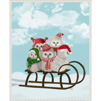 Christmas Christmas Owl Sled by Fab Funky (23 x 28 in.), Framed Canvas Wall Art Print - Sylvie Beaded White