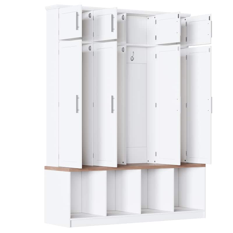 8-Door Shoe Cabinet Hall Tree with 4 Hidden Hooks & Open Compartment