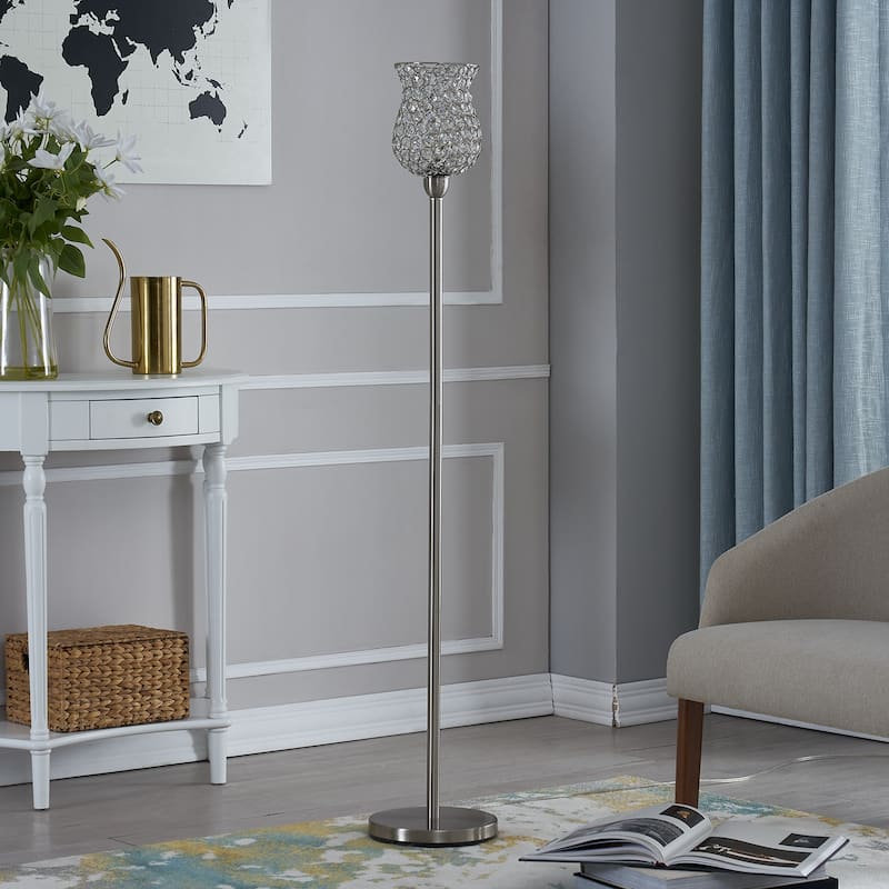 Crystal shade 59" Black Torchiere Floor Lamp - N/A - Nickel