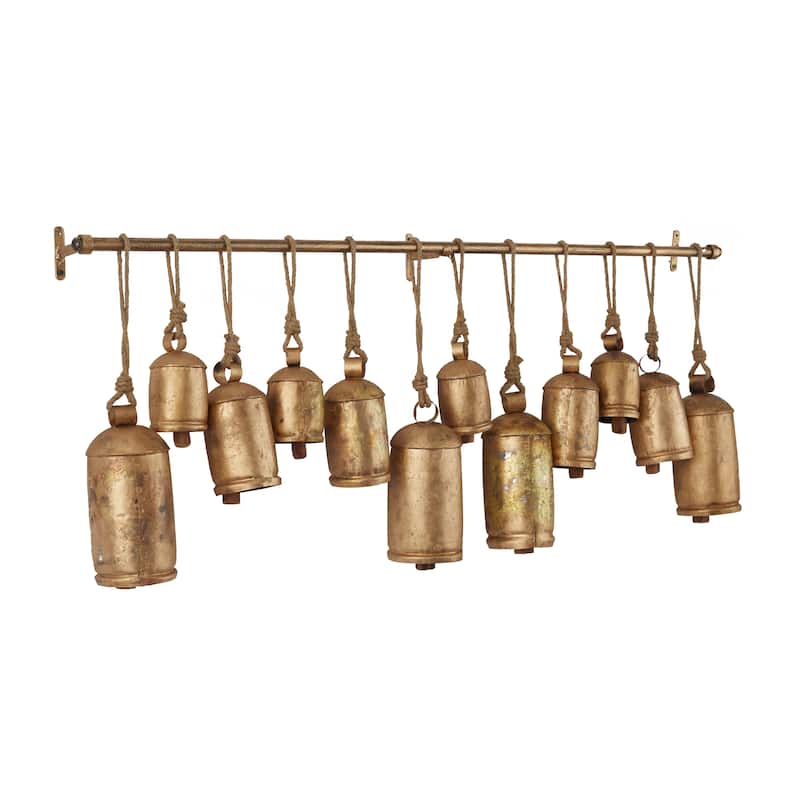 Bronze or Gray Metal Tibetan Inspired Decorative Cow Bell with Jute Hanging Rope and Rod