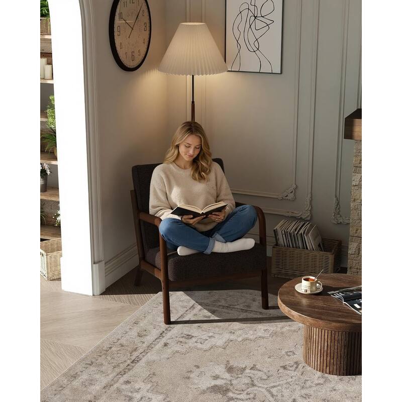 Modern Sherpa Accent Sofa Chair, Lounge Armchair with Lumbar Pillow for Living Room, Bedroom