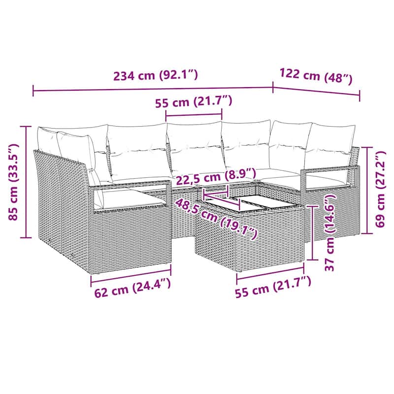 vidaXL 7 Garden Sofa Set with Cushions Black/Brown/Grey Poly Rattan - 92.1 x 48 x 27.2