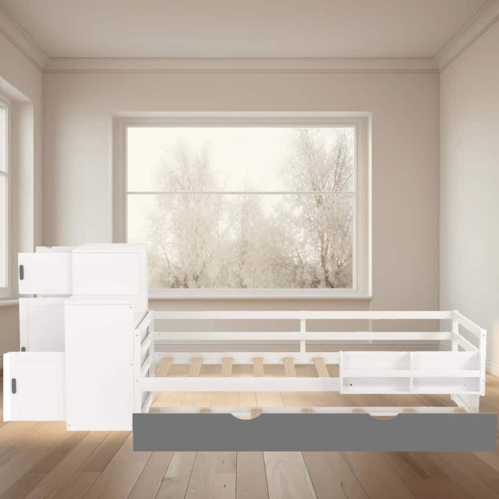 Twin Size Wooden Platform Bed Frame with Built-in Trundle, Bookshelf and Movable Wardrobe, Space-Saving Multifunctional Design