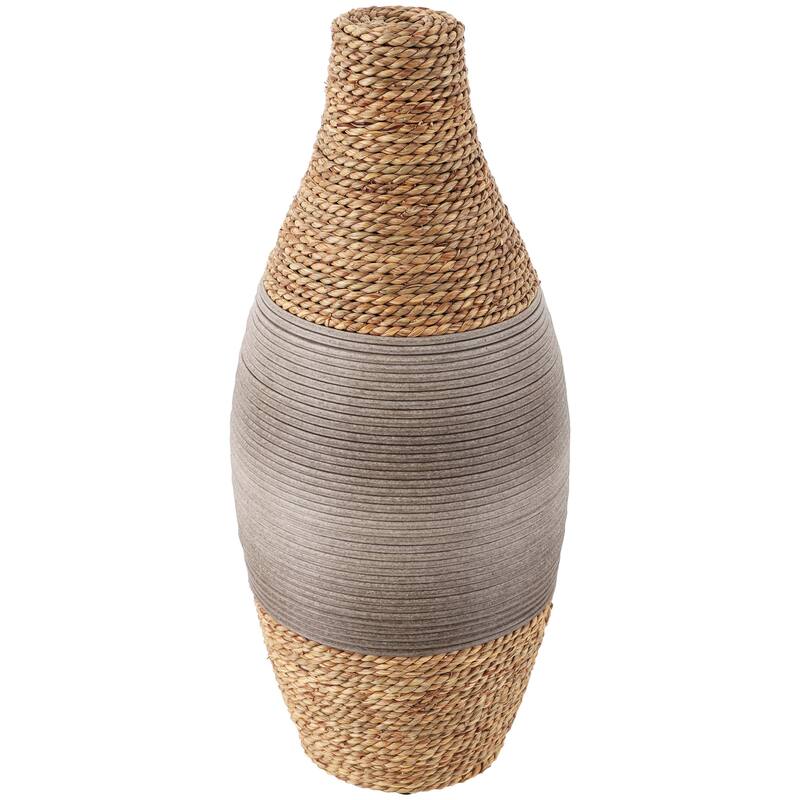 Brown Seagrass Handmade Teardrop Wrapped Decorative Vase with Layered Gray Paneling