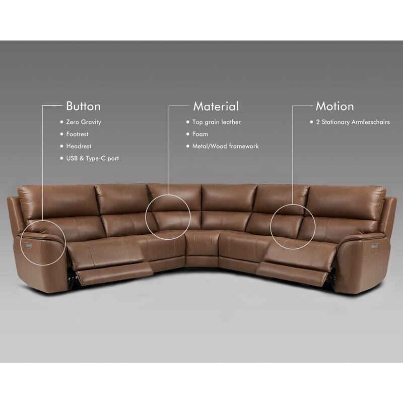 123''W Genuine Leather Power Double Width Sectional Sofa with Zero Gravity, Adjustable Headrest and USB&Type-C Ports