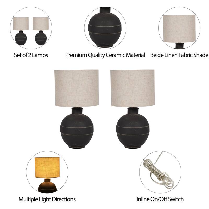 Sagebrook Home Neutral Textured Set Of 2 Ceramic 18" Table Lamp, Darkk Gray, Round - 9" x 9" x 18"