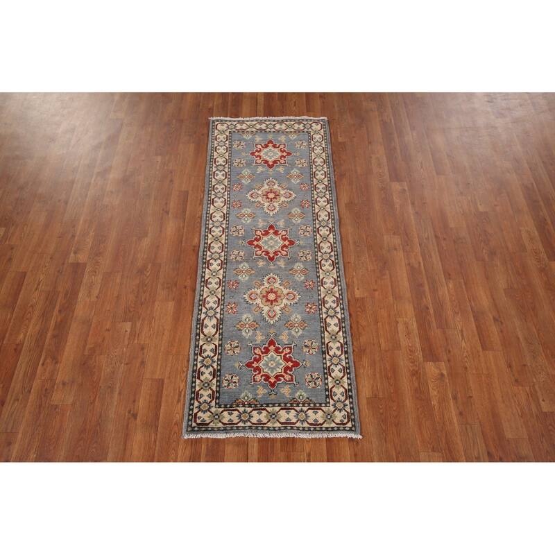 Geometric Kazak Runner Rug Hand-Knotted Floral Wool Carpet - 2'2" x 5'9"