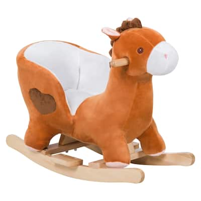 Plush Horse Rocker for Toddlers with Music Soft Seat Wooden Frame Brown and White for Kids 18 Months and Up