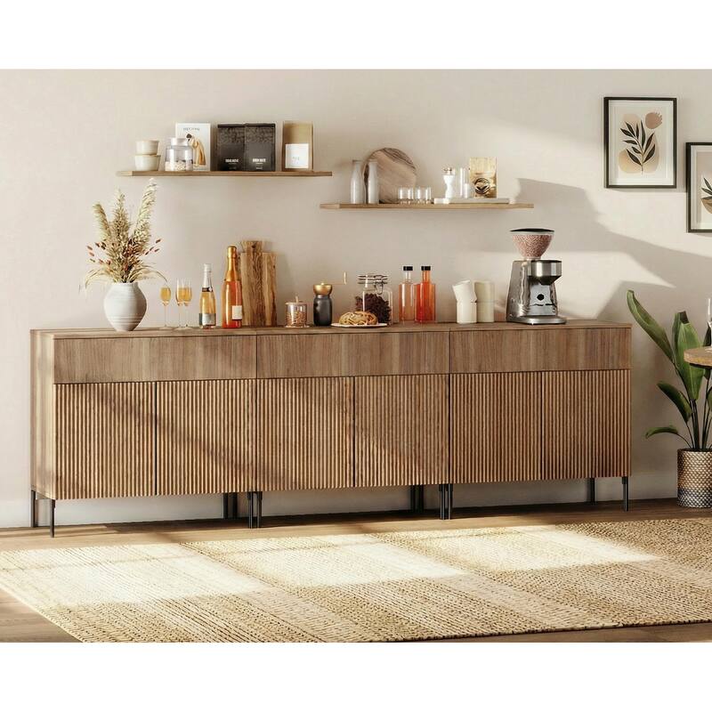 31.5" Wooden Reeded Sideboard With Doors And Drawer, Modern Credenza Storage Cabinet