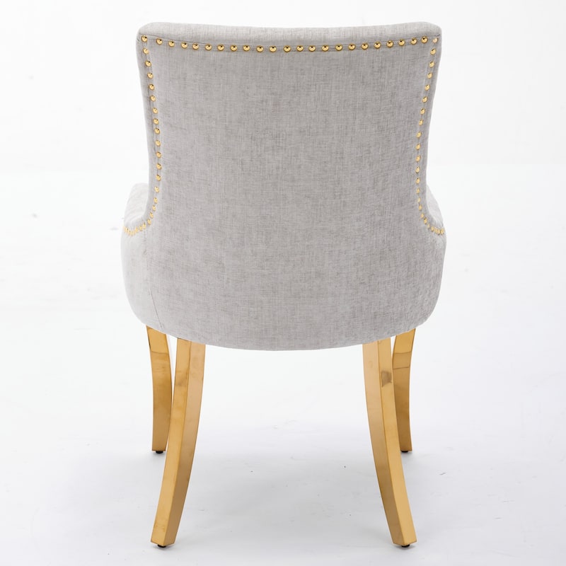 Chenille Dining Chairs, Modern Upholstered Accent Chair with Curved Gold-Plated Legs & Rivet Trim, Plush Fabric, Set of 2