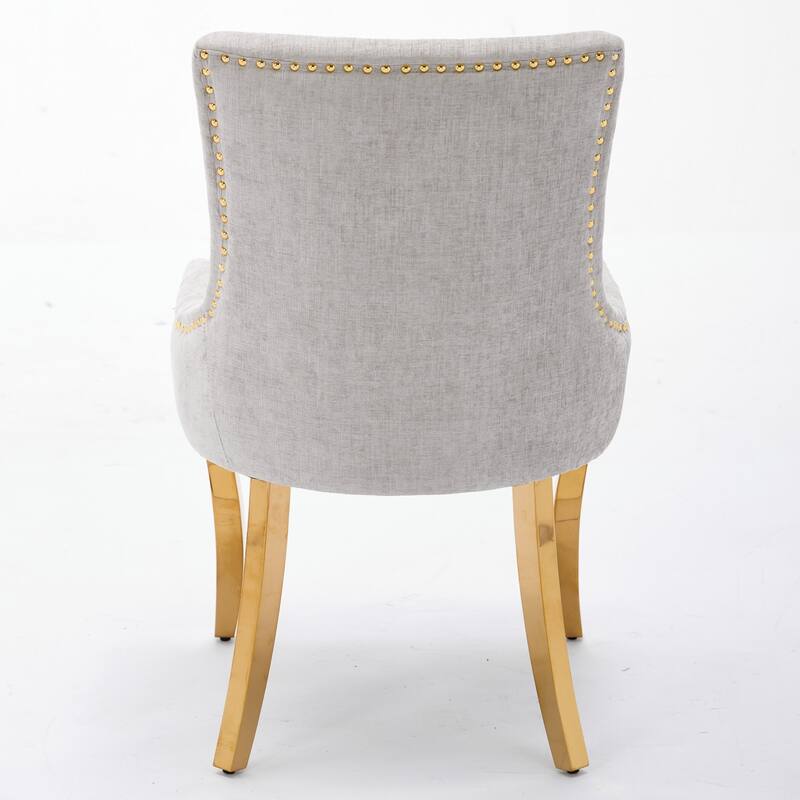 Chenille Dining Chairs,Curved Gold - Plated Legs & Rivet Trim,Accent Seating With Textured Fabric&One-Piece Structure,Set Of 2