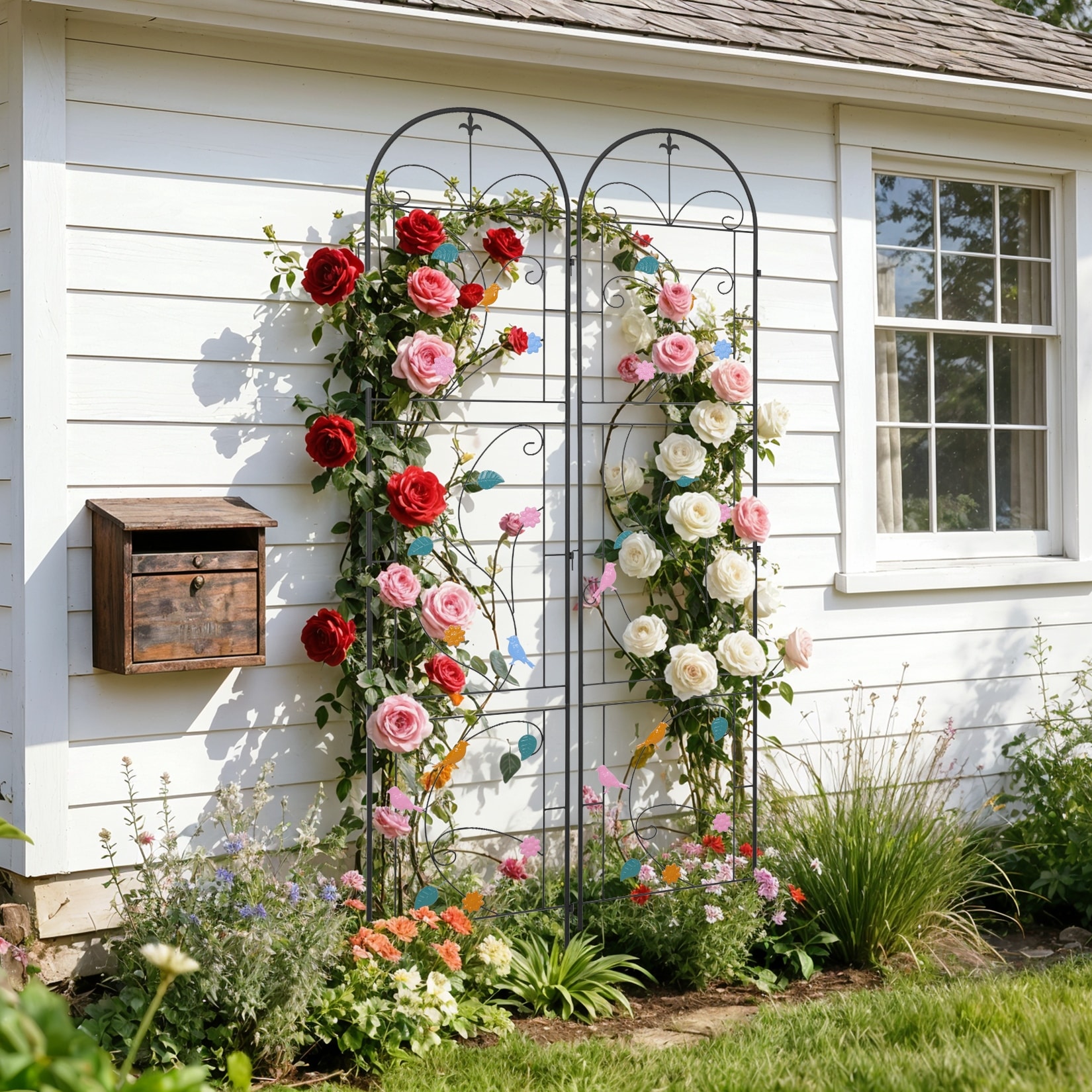 2 Pack Outdoor Metal Fence Garden Trellis Climbing Plant with Birds Flower  Design Landscaping - Overstock - 44045522