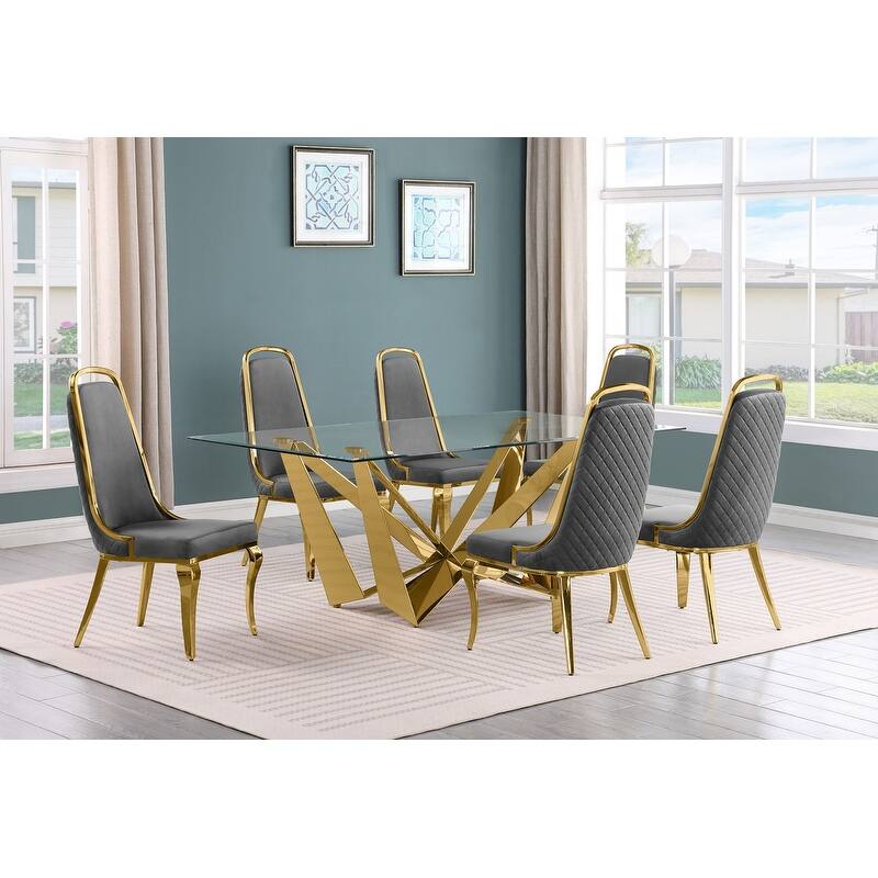 Best Quality Furniture D400/1-SC310-7 Dining Set with 78" 12mm Glass with Bevel - 7-Piece - Dark Grey / Gold