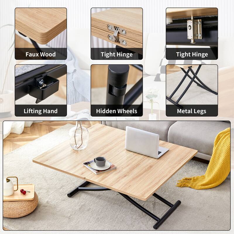 Modern Multifunctional Lift Table: 0.8" Wood Grain MDF Top & Black Metal Legs – Ideal as a Vanity, Coffee Table, Dining Table