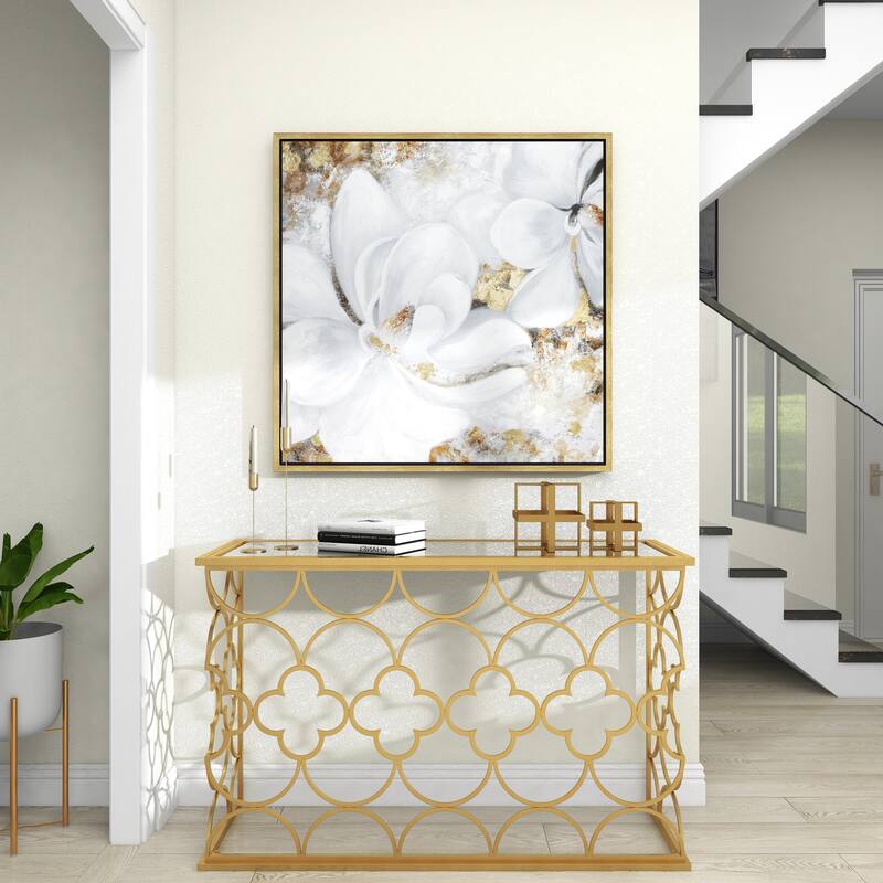 White Canvas Handmade Floral Framed Wall Art with Gold Frame