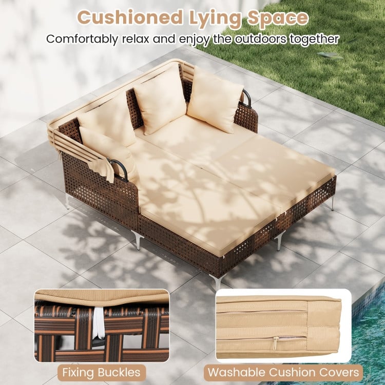 Mix Brown PE Rattan Outdoor Daybed with Cushions and Canopy - 60" x 52.5" x 54.5"
