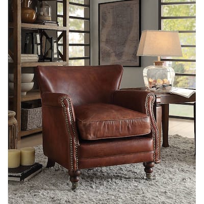 Vintage Top Grain Leather Accent Chair Leeds Club Chair with Metal Caster Front Leg & Wooden Back Leg, Dark Brown