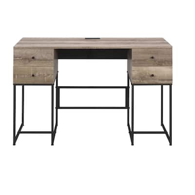 47” Modern 4 Drawers Reversible Brown Writing Desk with USB Port and Black Metal Frame for Office or Study