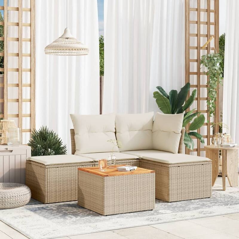 vidaXL Patio Sofa Set with Cushions Outdoor Furniture 5 Piece Poly Rattan - 21.7 x 21.7 x 14.6 - Beige and cream