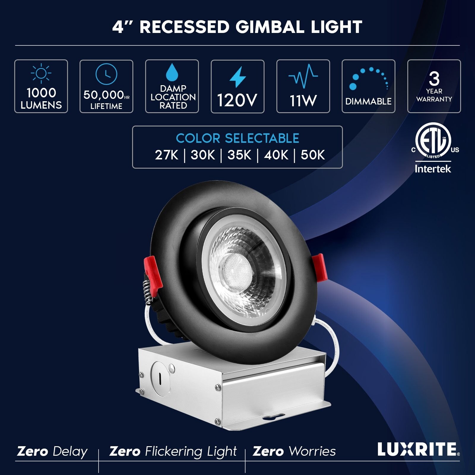 Luxrite 4-Inch Gimbal LED Recessed Light – 8W (60W Eq.), 5-Color Selectable, Dimmable, Wet Rated