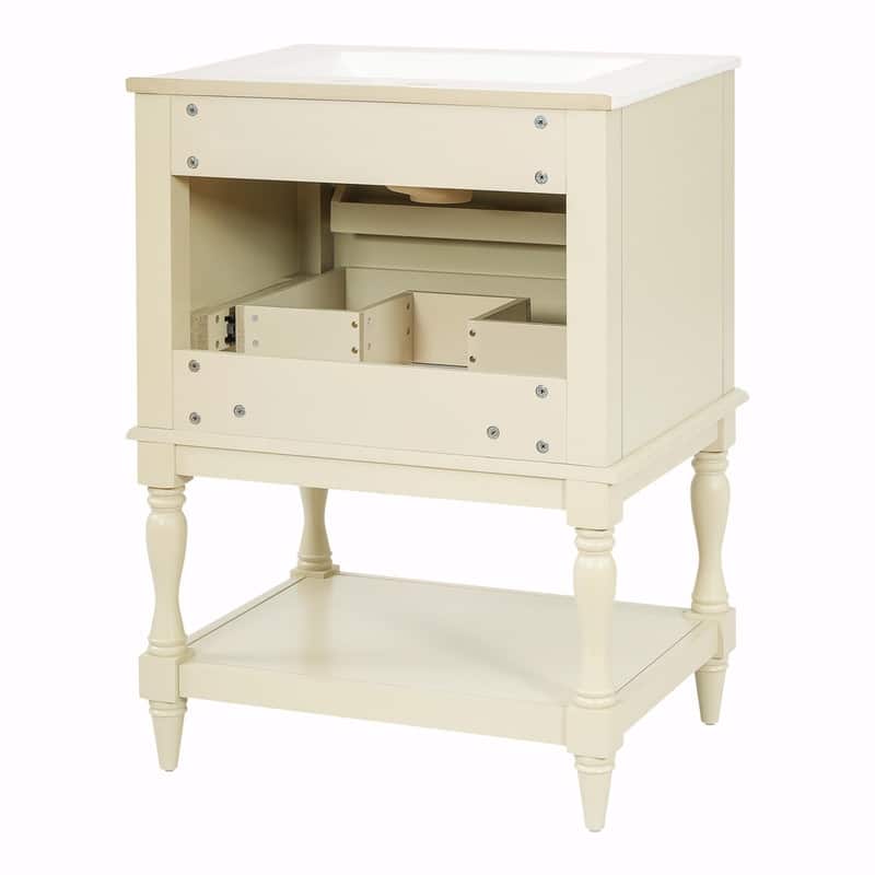 24" Bathroom Vanity with Ceramic Sink, Retro Open-Shelf Cabinet with 2 Drawers