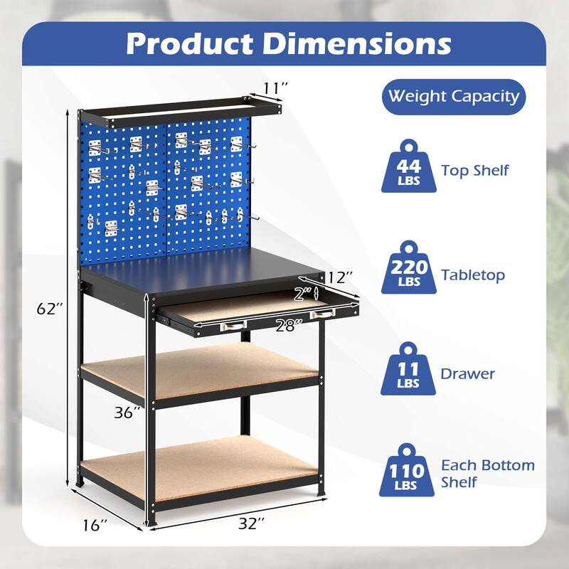 Gymax 32'' x 16'' Workbench w/ Pegboard 20PCS Tool Hooks Drawer & Open