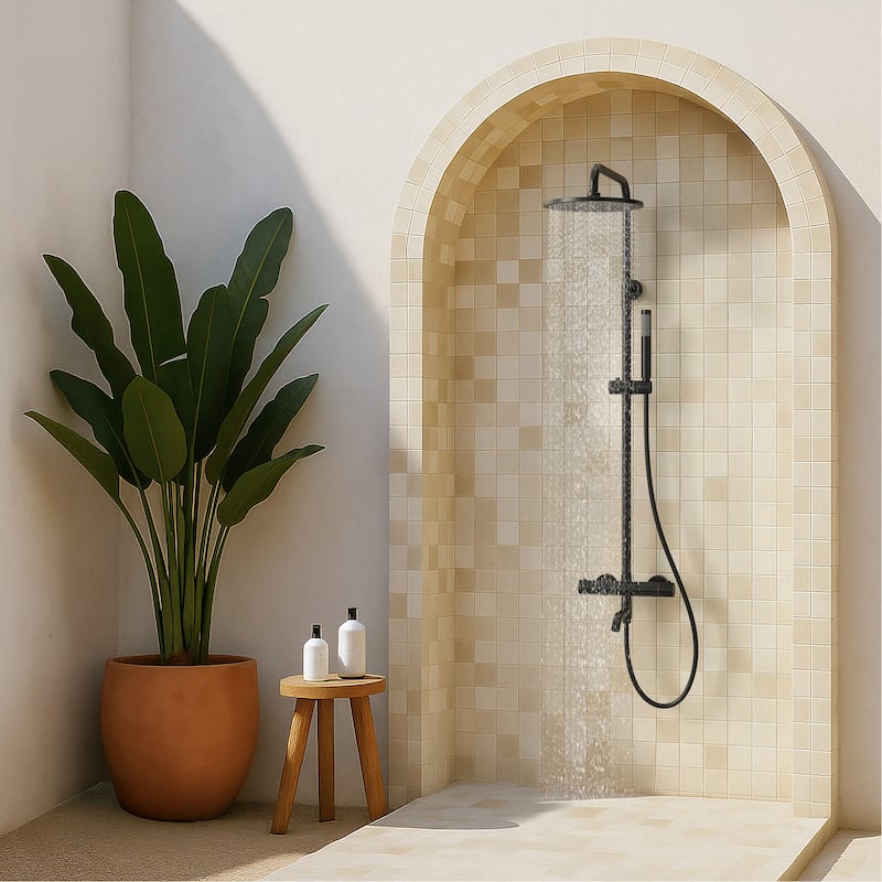 Height Adjustable Thermostatic Shower System with Tub Spout, 10" Rain Shower Head, Hand Shower, Brass Valve