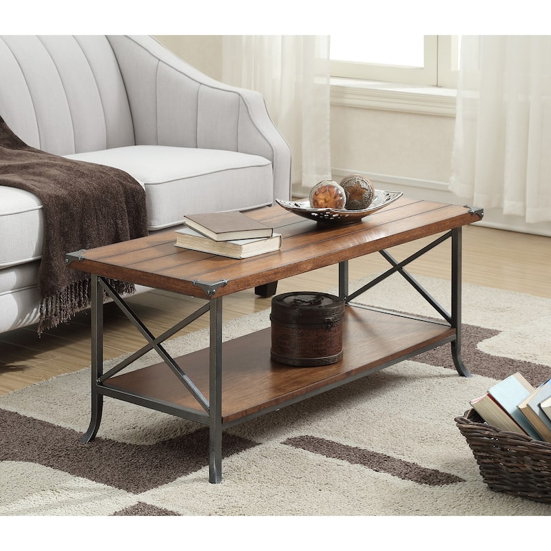 Convenience Concepts Brookline Coffee Table with Shelf - Dark Walnut/Slate Grey