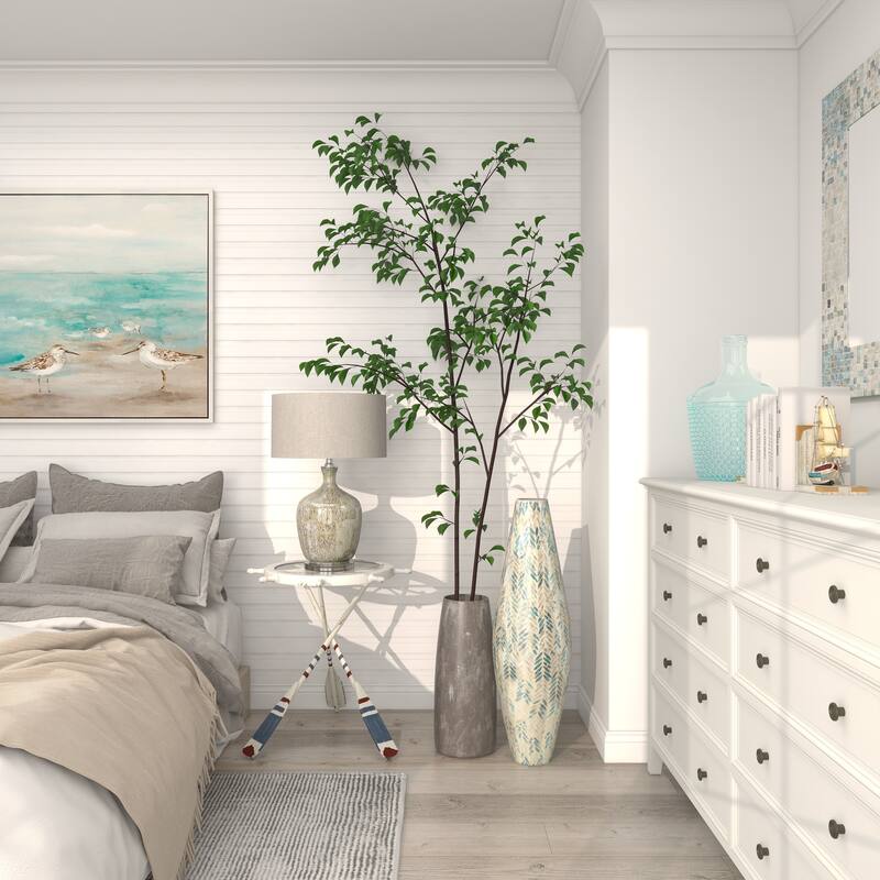 White Metal Ship Wheel Top Accent Table with Oar Shaped Legs