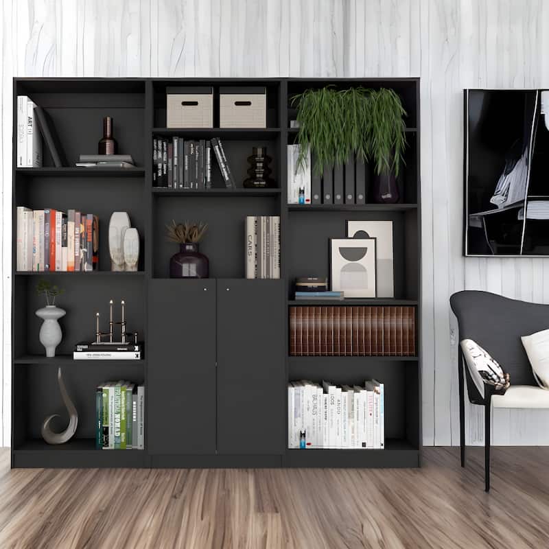 71" Black Five Tier Bookcase with Two doors - Black