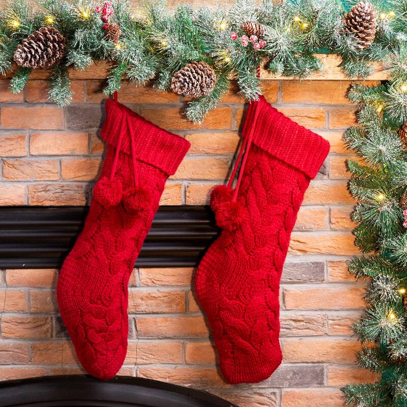 Glitzhome Set of 2 Knitted Christmas Stocking White or Red with Pom Pom Ball - 2PK Red