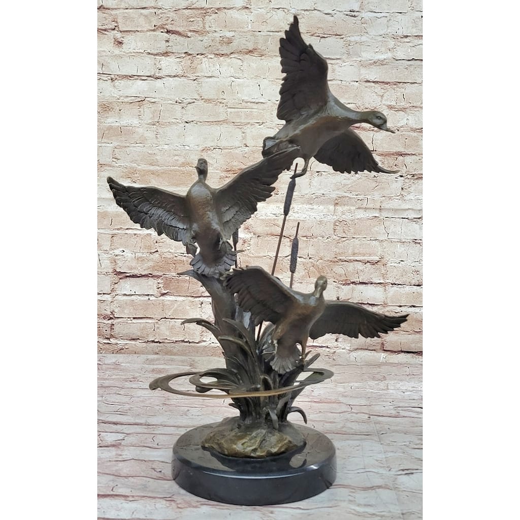 Flying Ducks In The Reeds Bronze Sculpture Statue Wildlife Decor On Marble Base