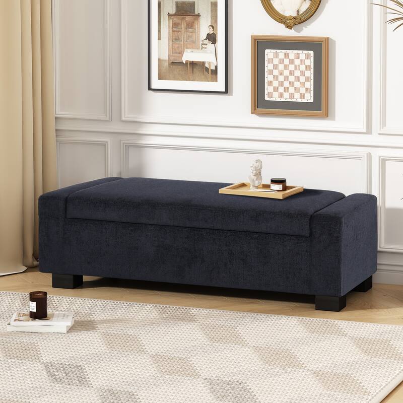 50" Ottoman Bench in Textured Fabric, Rectangular Design with Hinged Lid for Seating, Footrest, and Hidden Storage