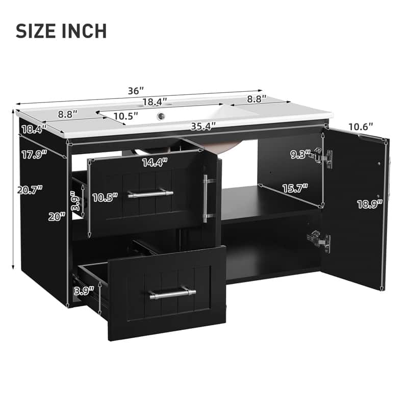 36" Wall Mounted Bathroom Vanity with 2 Drawers, Floating Vanity with Ceramic Sink & Adjustable Shelf, Modern Bathroom Storage