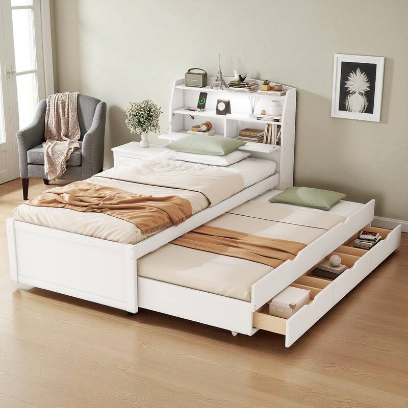 Twin LED Platform Bed with Trundle, Storage Headboard & Drawers, Wooden Kids/Teens Bed with USB Charging Ports